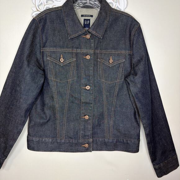 GAP Denim Stretch Jacket Women's size LARGE Made in Hong Kong Dark Wash Blue - Picture 5 of 12